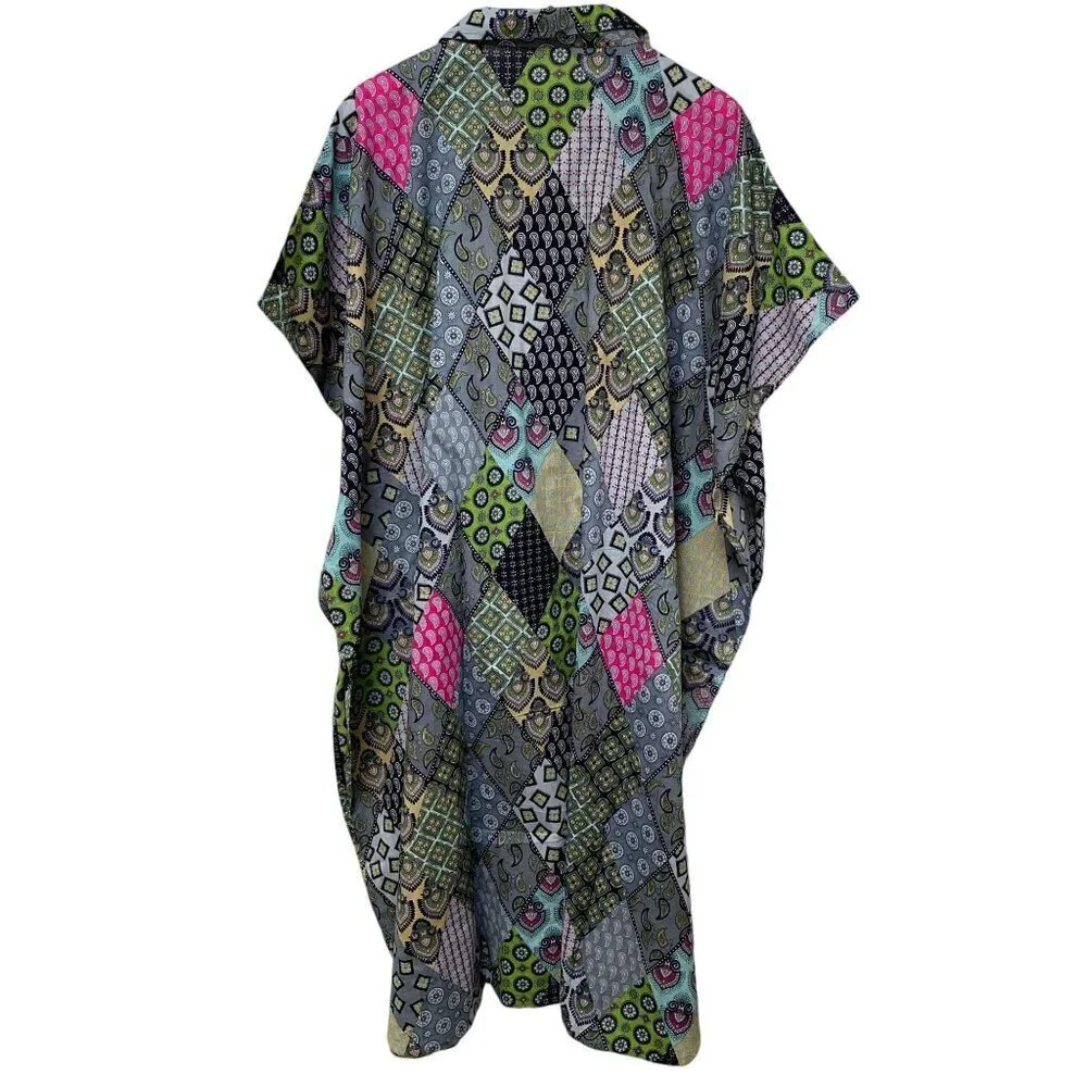 Patchwork Print Long Shirt O/S Green Kaftan Boho Artsy Cottagecore Prairie - Picture 5 of 9